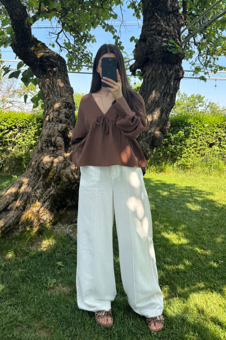 LINEN V NECK ONE COLOR WOMEN SHIRT BROWN/KAFE 