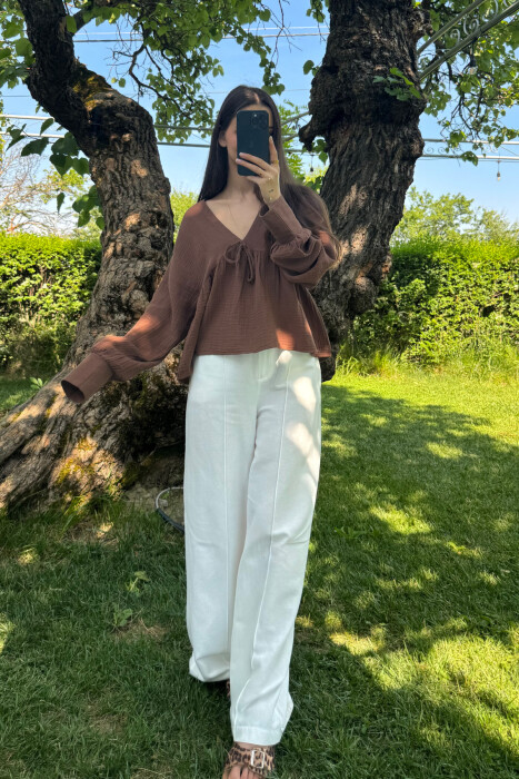 LINEN V NECK ONE COLOR WOMEN SHIRT BROWN/KAFE - 2