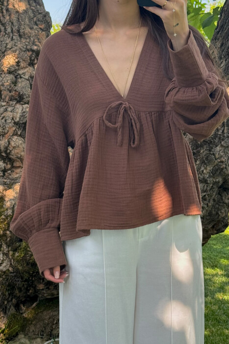 LINEN V NECK ONE COLOR WOMEN SHIRT BROWN/KAFE - 3