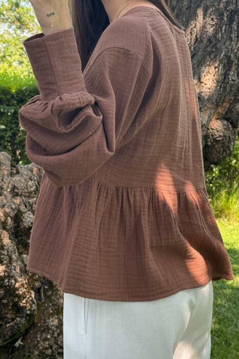 LINEN V NECK ONE COLOR WOMEN SHIRT BROWN/KAFE - 4