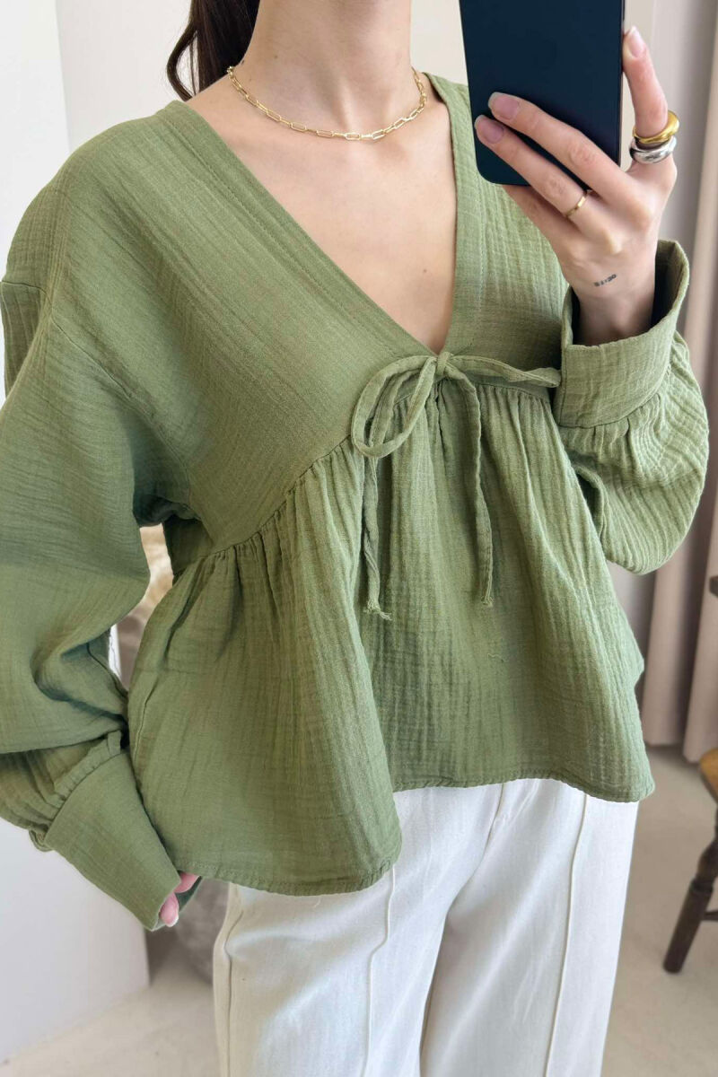 LINEN V NECK ONE COLOR WOMEN SHIRT GREEN/JESHILE - 2