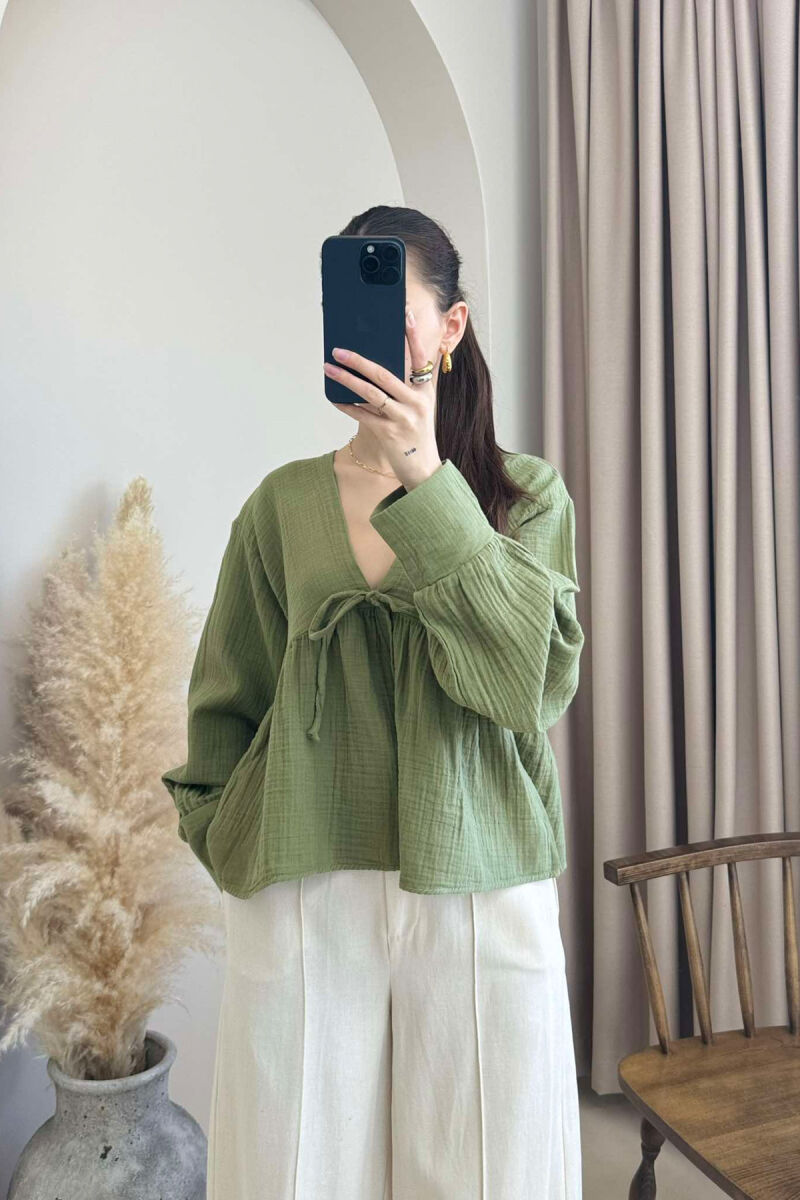 LINEN V NECK ONE COLOR WOMEN SHIRT GREEN/JESHILE - 1