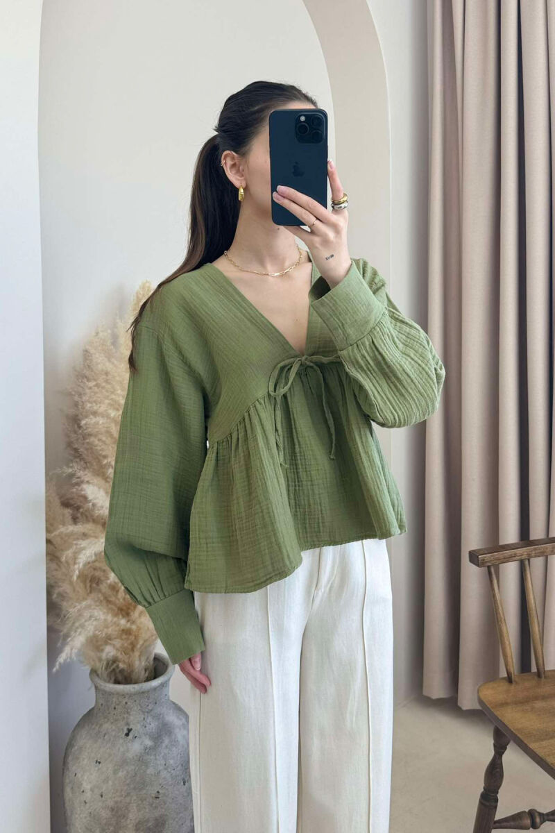 LINEN V NECK ONE COLOR WOMEN SHIRT GREEN/JESHILE - 3