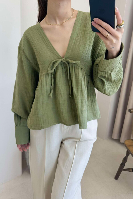 LINEN V NECK ONE COLOR WOMEN SWEATSHIRT GREEN/JESHILE - 4