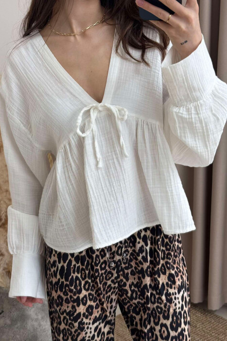 LINEN V NECK ONE COLOR WOMEN SHIRT WHITE-E BARDHE - 7