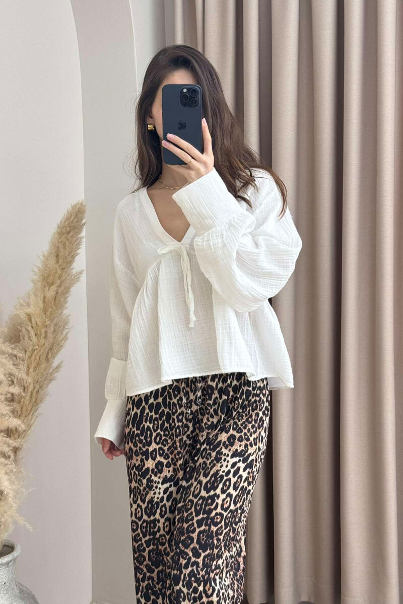 LINEN V NECK ONE COLOR WOMEN SWEATSHIRT WHITE-E BARDHE - 1
