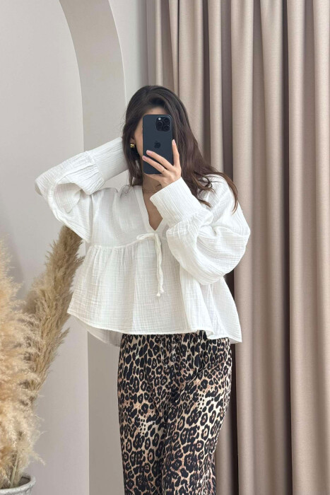 LINEN V NECK ONE COLOR WOMEN SWEATSHIRT WHITE-E BARDHE - 3