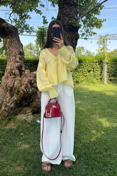 LINEN V NECK ONE COLOR WOMEN SHIRT YELLOW/E VERDHE - 1