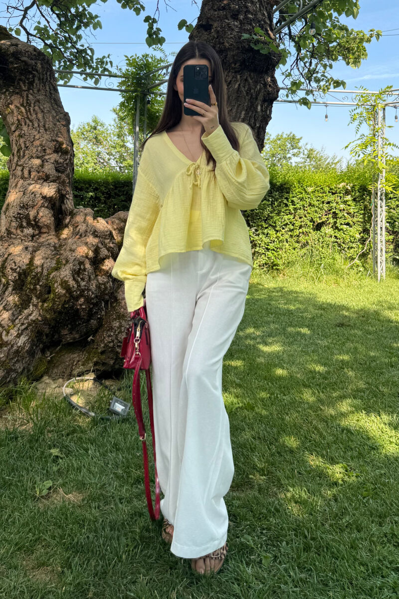 LINEN V NECK ONE COLOR WOMEN SHIRT YELLOW/E VERDHE - 2