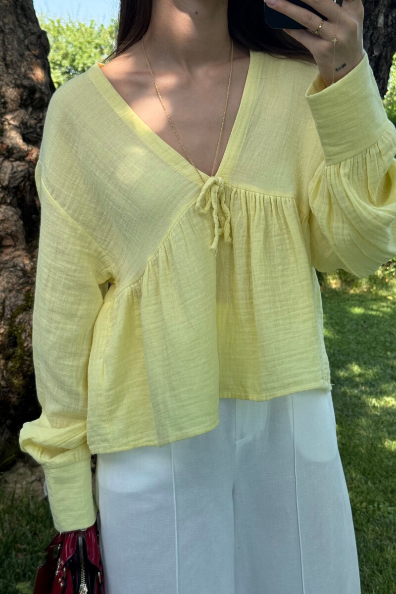 LINEN V NECK ONE COLOR WOMEN SHIRT YELLOW/E VERDHE - 3