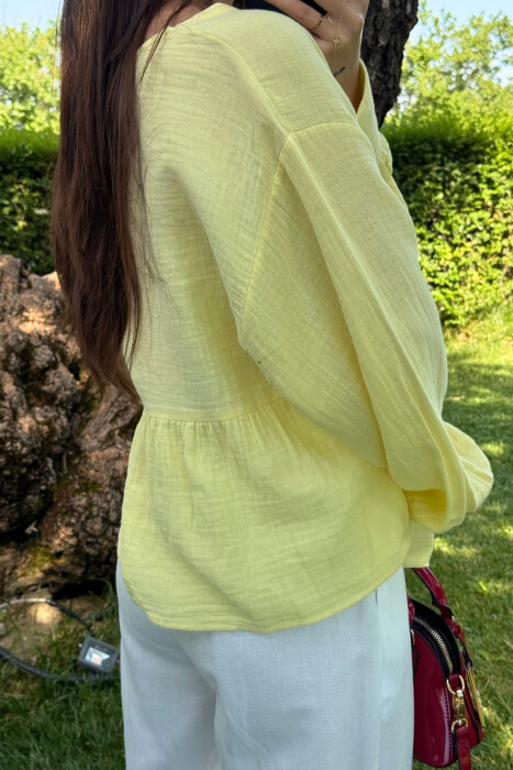 LINEN V NECK ONE COLOR WOMEN SHIRT YELLOW/E VERDHE - 4