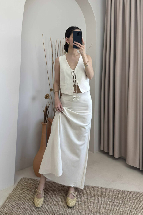 LINEN VEST+SKIRT WOMAN SET CREAM/KREM 