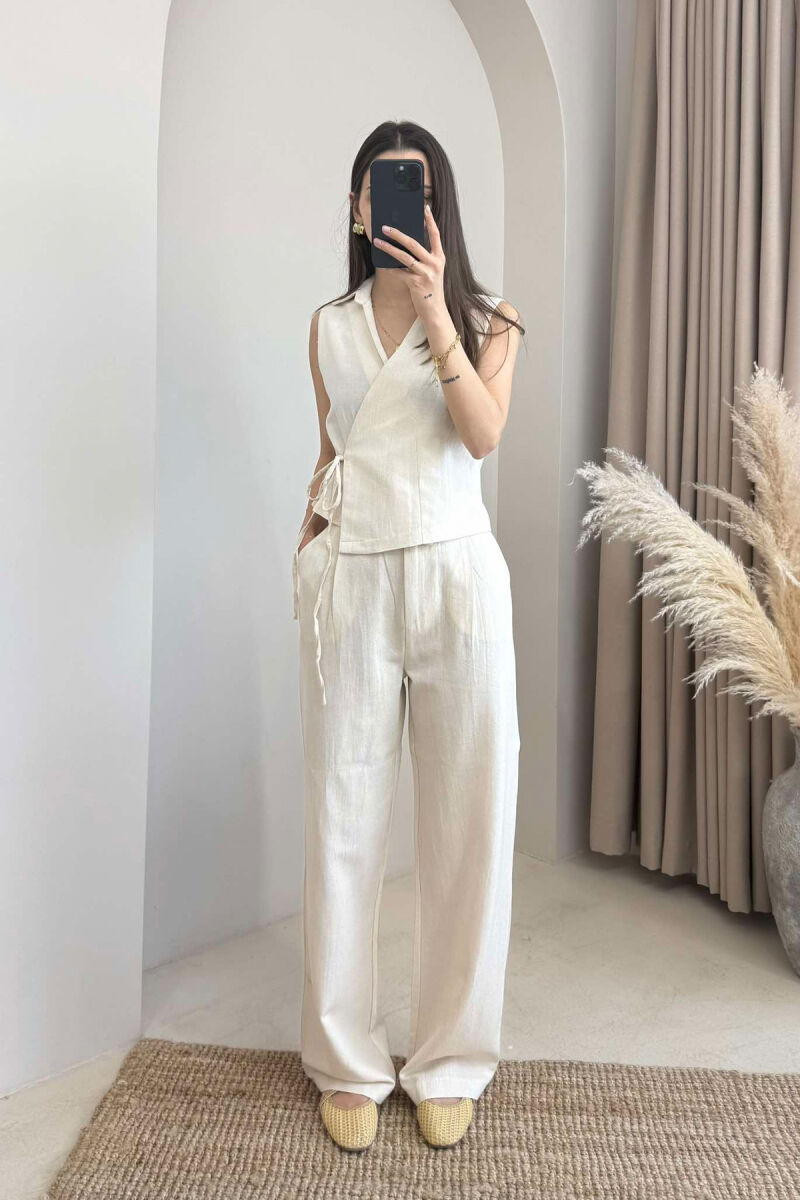 LINEN VEST+TROUSERS WOMAN SET CREAM/KREM - 1