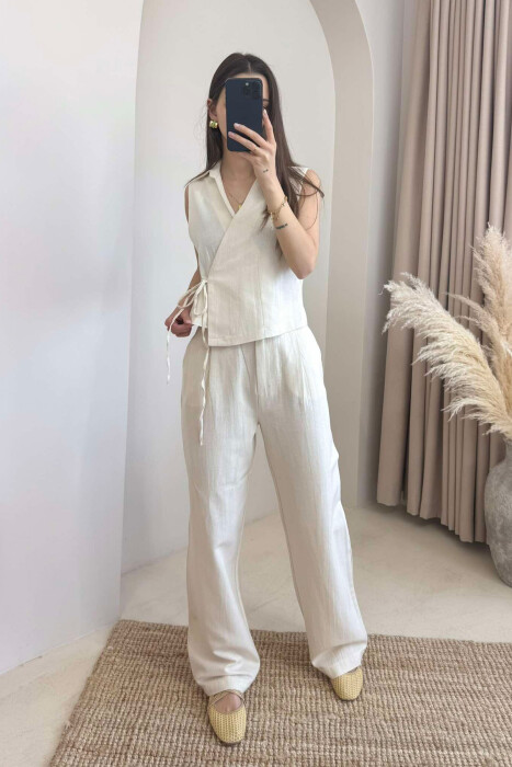 LINEN VEST+TROUSERS WOMAN SET CREAM/KREM - 2