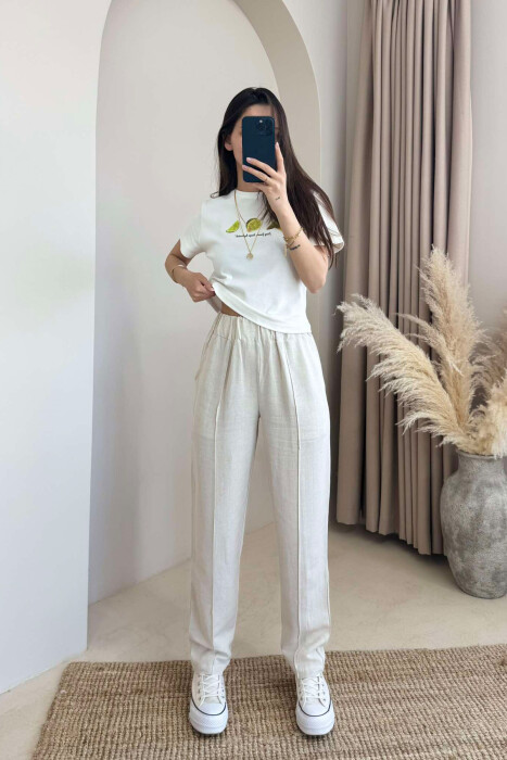 LINEN WOMAN TROUSERS IN CREAM COLOR - 1