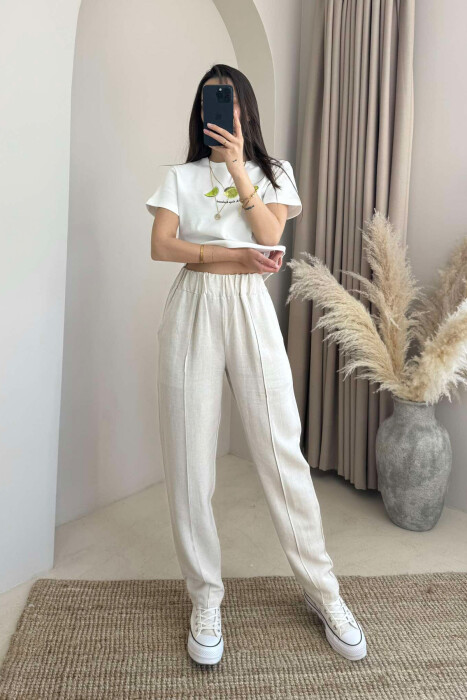 LINEN WOMAN TROUSERS IN CREAM COLOR - 2