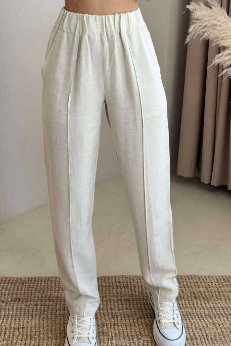 LINEN WOMAN TROUSERS IN CREAM COLOR - 3
