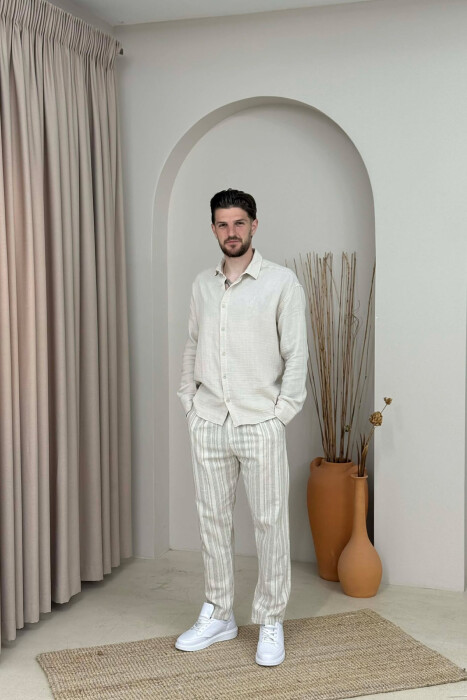 LINES DESIGN BELT DETAIL MEN PANTS BEIGE/BEZHE - 1