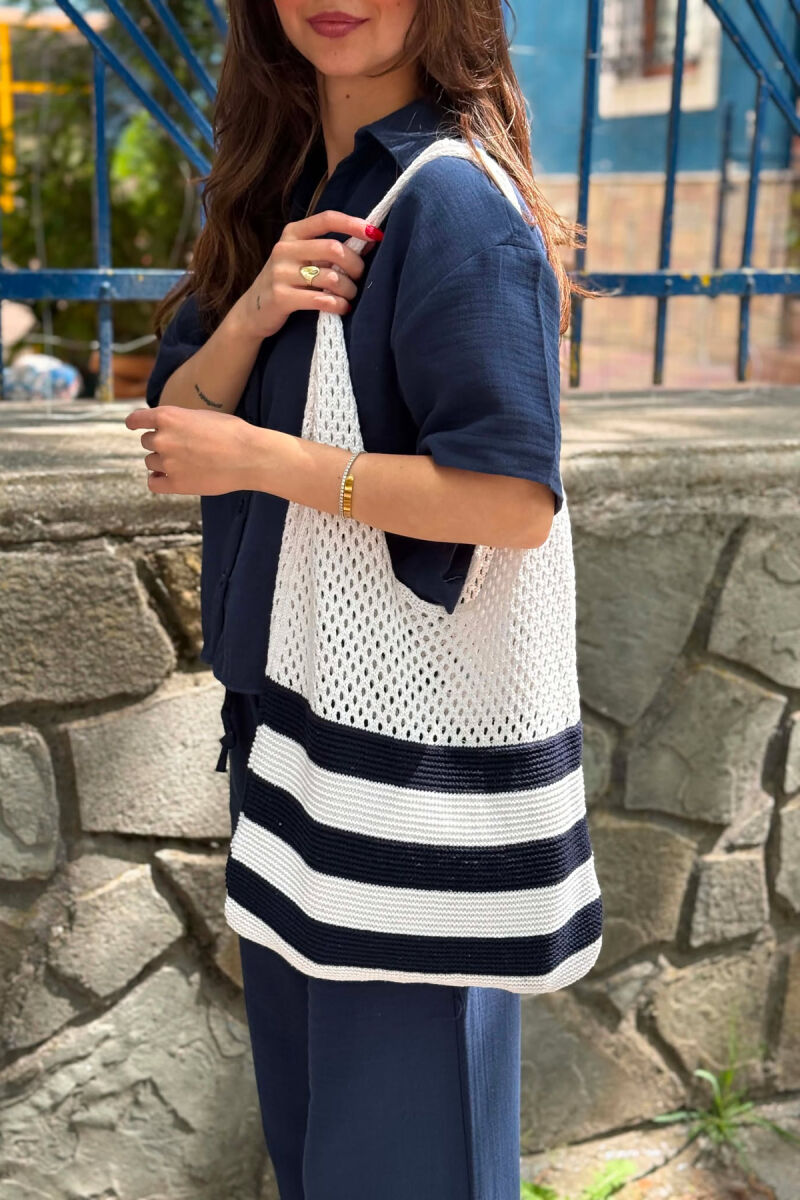 LINES DESIGN CROCHET BEACH WOMEN BAG CREAM/KREM - 1