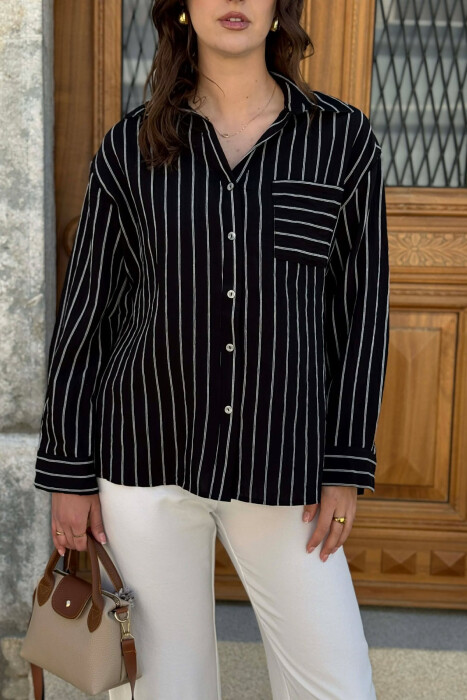 LINES DESIGN FRONT POCKET WOMAN SHIRT BLACK/ E ZEZE - 6