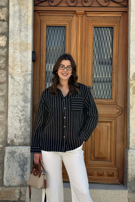 LINES DESIGN FRONT POCKET WOMAN SHIRT BLACK/ E ZEZE 