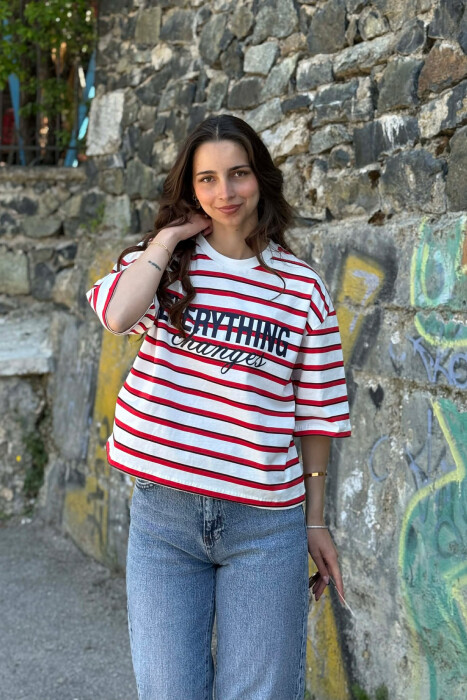 LINES DESIGN FRONT WRITTINGS WOMAN T-SHIRT WHITE-RED/BAKU - 1