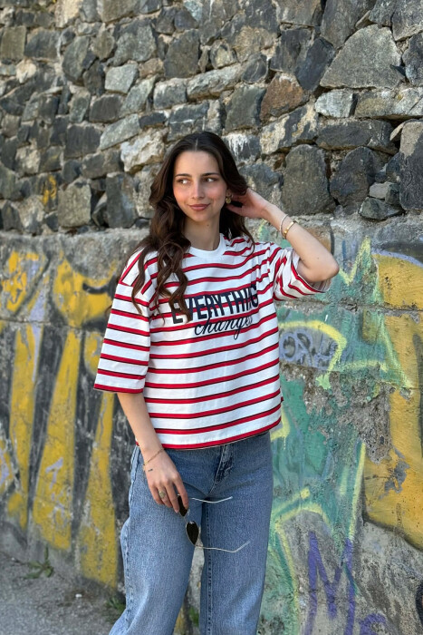 LINES DESIGN FRONT WRITTINGS WOMAN T-SHIRT WHITE-RED/BAKU - 4