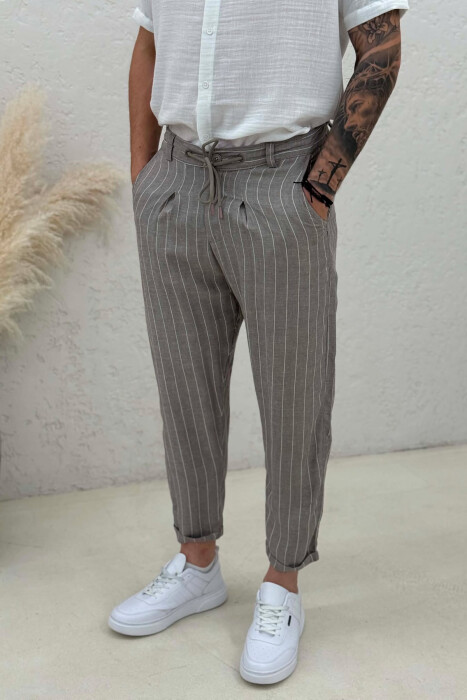 LINES DESIGN LACING WAIST MEN PANTS LIGHT BROWN/KAZB - 4