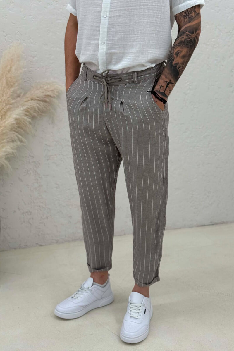LINES DESIGN LACING WAIST MEN PANTS LIGHT BROWN/KAZB - 4