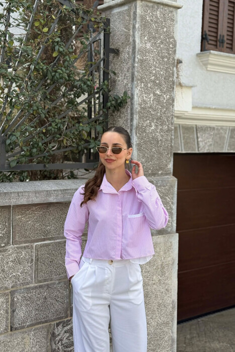 LINES DESIGN ONE FRONT POCKET WOMAN SHIRT WHITE-PINK/BARO - 1