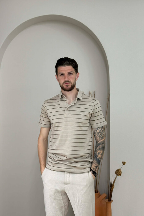 LINES DESIGN POLO NECK MEN T-SHIRT BEIGE/BEZHE 