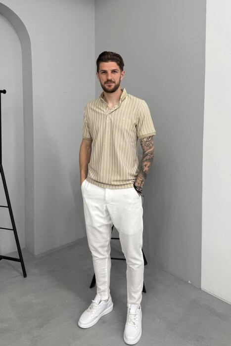 LINES DESIGN POLO NECK MEN T-SHIRT BEIGE/BEZHE - 4