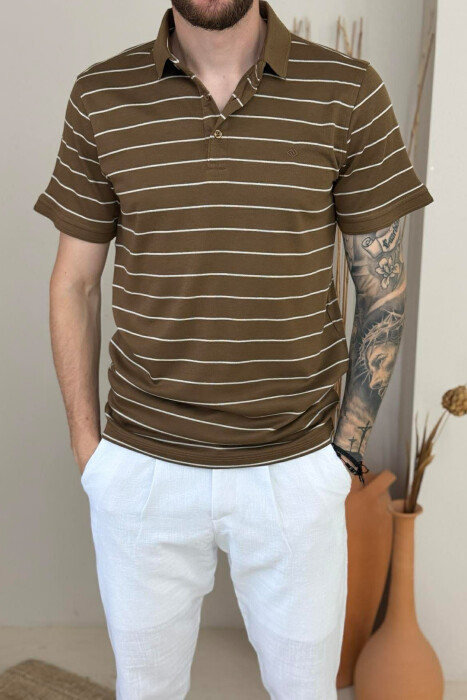 LINES DESIGN POLO NECK MEN T-SHIRT BROWN/KAFE - 2
