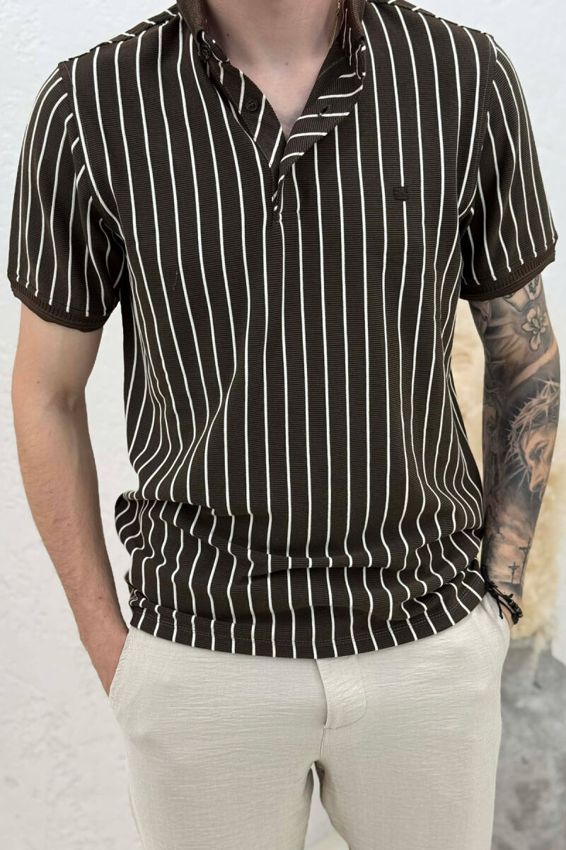 LINES DESIGN POLO NECK MEN T-SHIRT BROWN/KAFE - 2