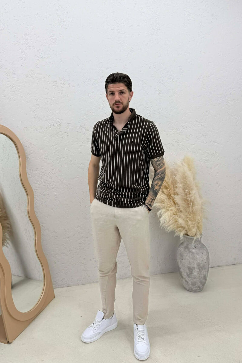 LINES DESIGN POLO NECK MEN T-SHIRT BROWN/KAFE - 3