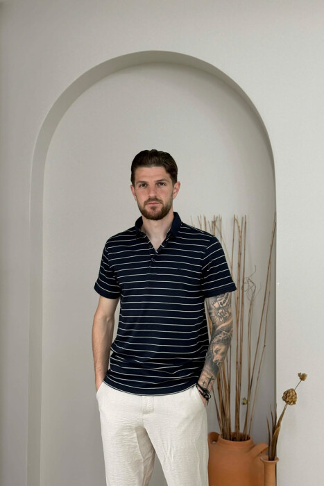 LINES DESIGN POLO NECK MEN T-SHIRT DARK BLUE/BEE - KLAUDIO FASHION