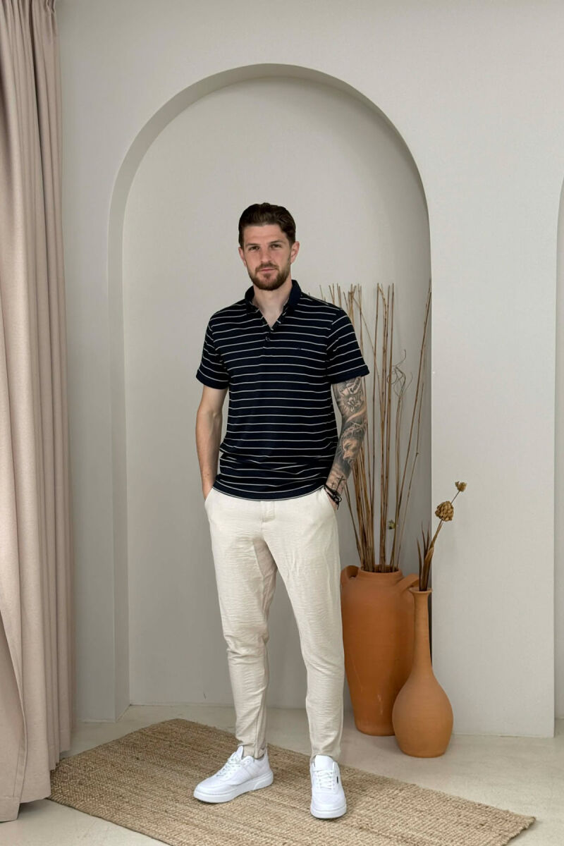 LINES DESIGN POLO NECK MEN T-SHIRT DARK BLUE/BEE - 2