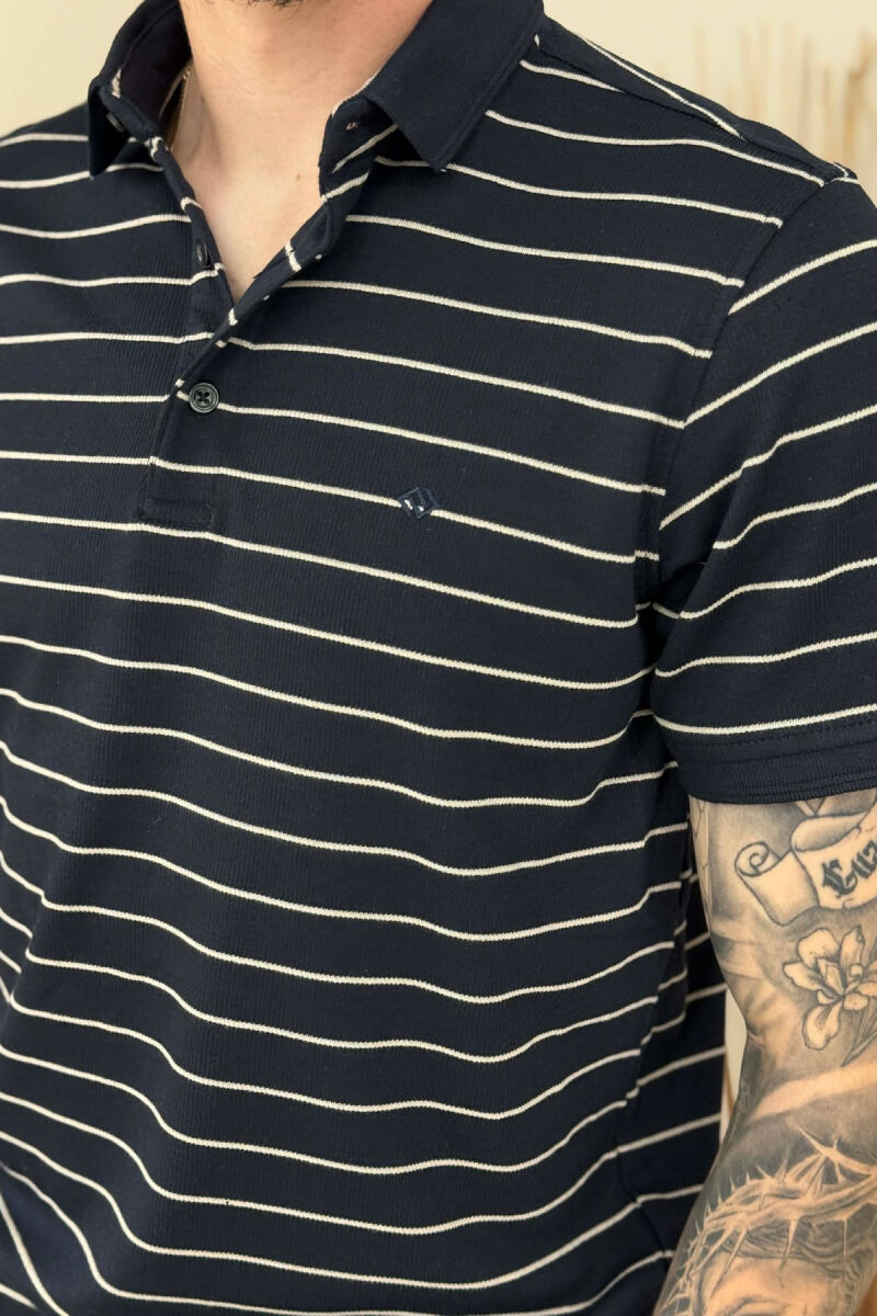 LINES DESIGN POLO NECK MEN T-SHIRT DARK BLUE/BEE - 3