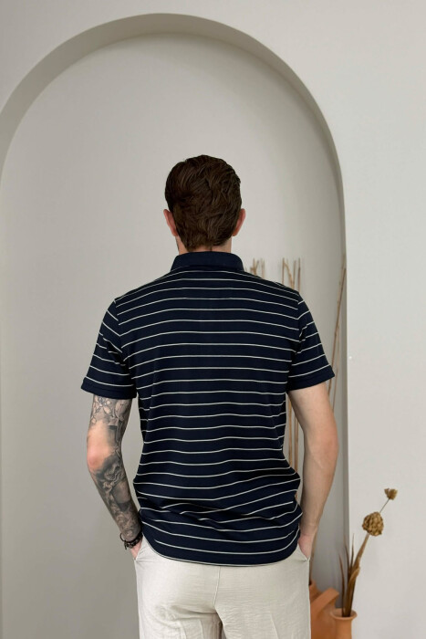 LINES DESIGN POLO NECK MEN T-SHIRT DARK BLUE/BEE - 4
