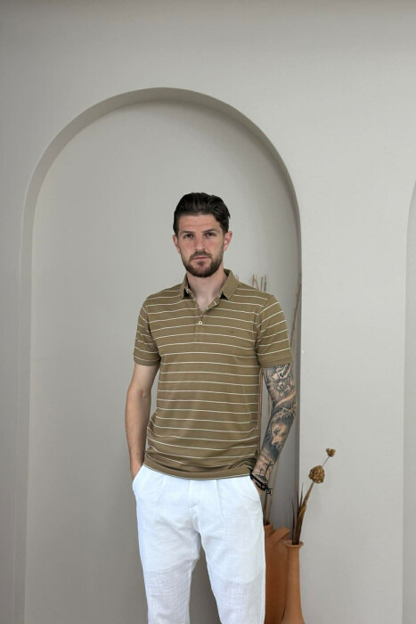 LINES DESIGN POLO NECK MEN T-SHIRT LIGHT BROWN/KAZB - KLAUDIO FASHION
