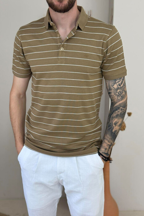 LINES DESIGN POLO NECK MEN T-SHIRT LIGHT BROWN/KAZB - 2