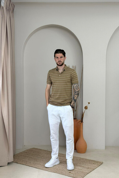 LINES DESIGN POLO NECK MEN T-SHIRT LIGHT BROWN/KAZB - 5