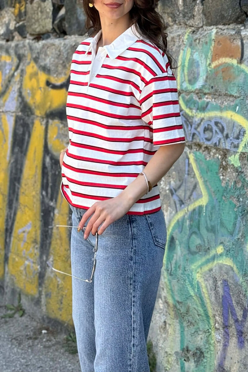 LINES DESIGN POLO NECK WOMAN T-SHIRT WHITE-RED/BAKU - 2