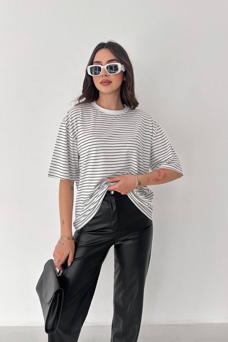 LINES DESIGN SIMPLE WOMAN T-SHIRT WHITE-BLACK/BAZE - 1