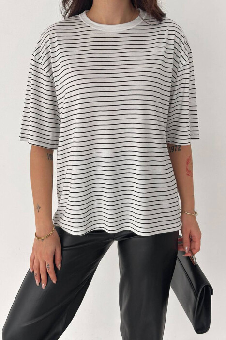 LINES DESIGN SIMPLE WOMAN T-SHIRT WHITE-BLACK/BAZE - 2