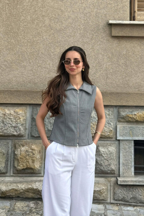 LINES DESIGN ZIPPER WOMAN VEST GREY/GRI - KLAUDIO FASHION