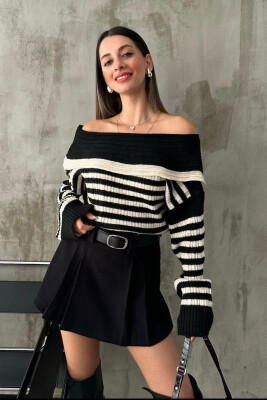 LINES OFF SHOULDER WOMAN SWEATER BLACK-WHITE/ZB 