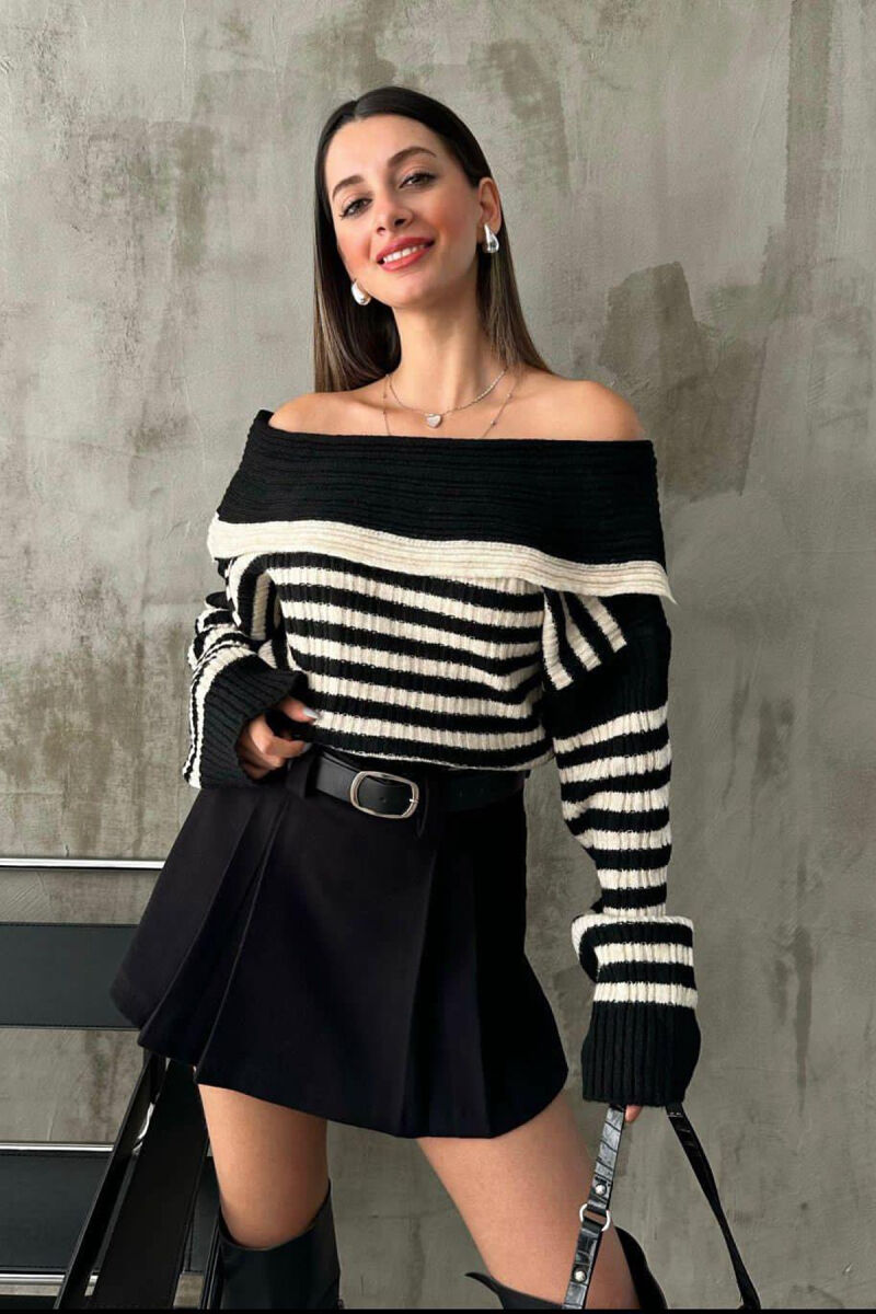 LINES OFF SHOULDER WOMAN SWEATER BLACK-WHITE/ZB - 1