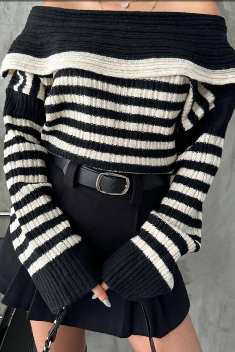 LINES OFF SHOULDER WOMAN SWEATER BLACK-WHITE/ZB - 2