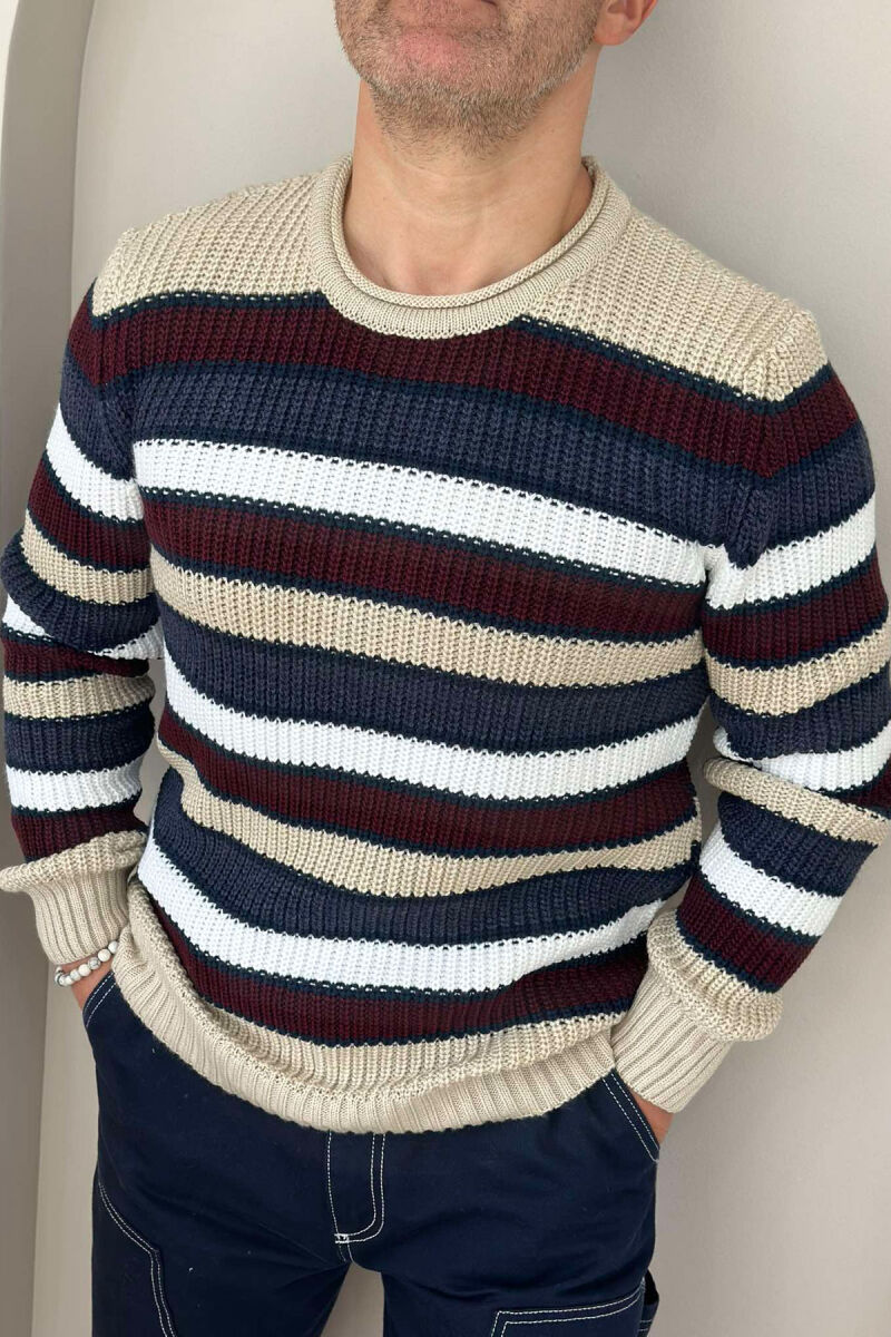 LINES ROUND NECK MEN SWEATER BEIGE/BEZHE - 3